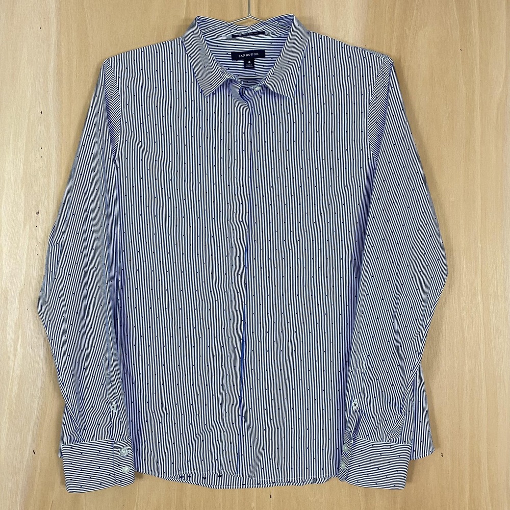 Lands End Shirt Womens 14‎ Blue No Iron Supima Dot Stripe Button Business Casual